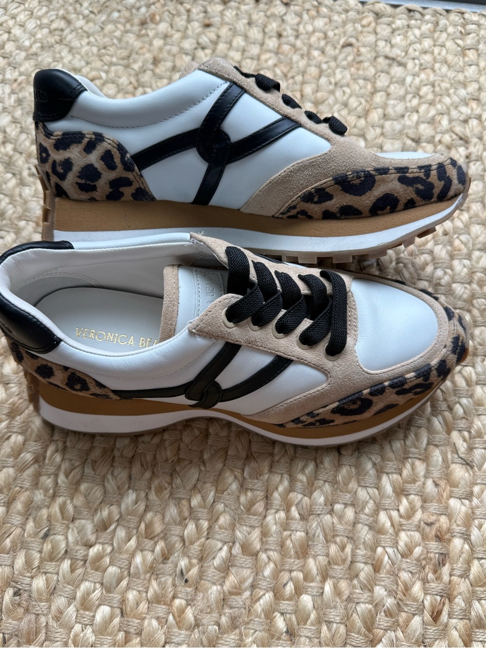 Veronica Beard Leopard Print White Tan Black Sneakers Size 6.5